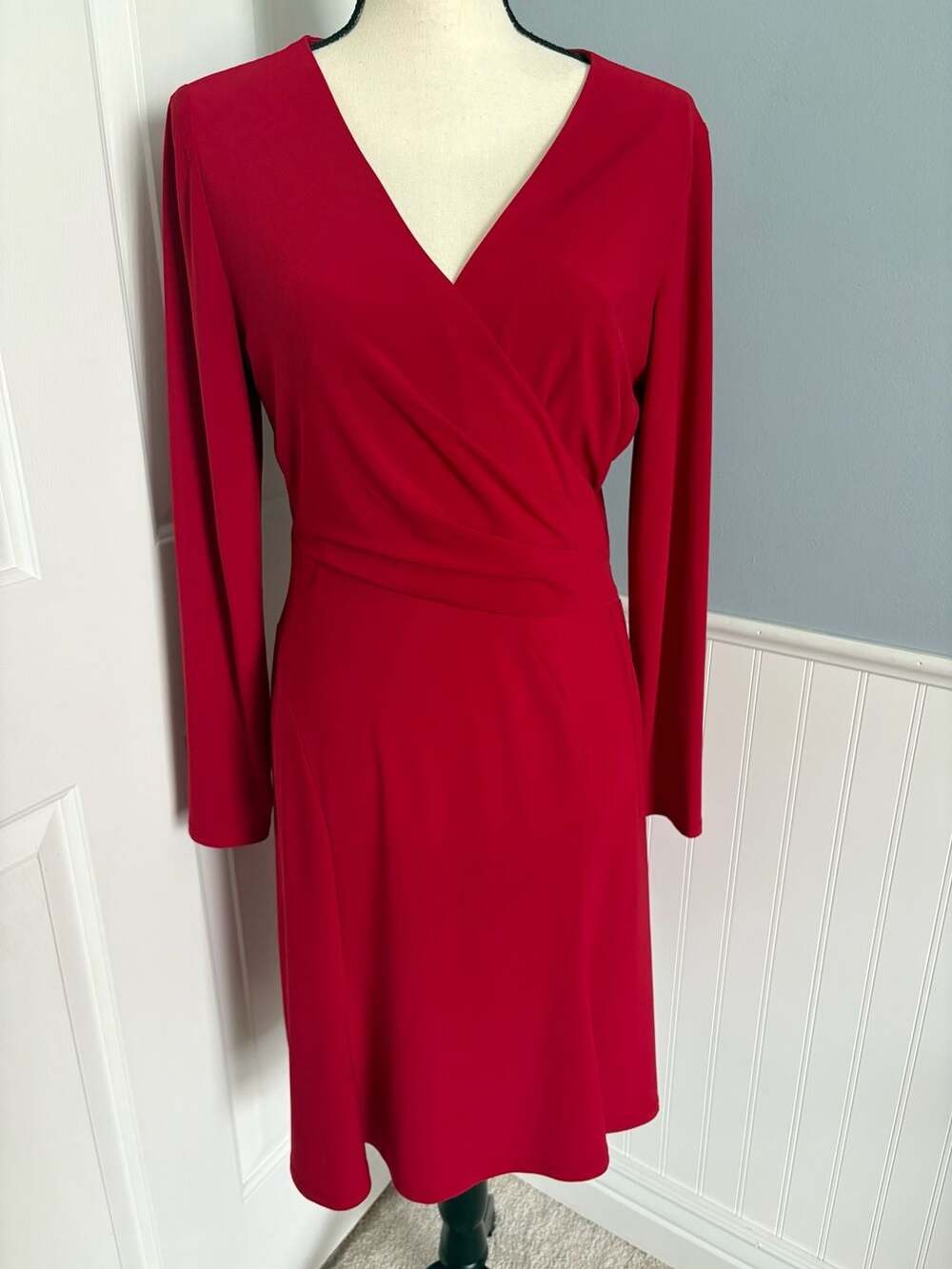 Chaps Red V-Neck Long Sleeve Faux Wrap Sheath Dress